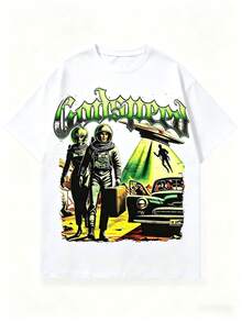 Alien T Shirts Men, Retro Godspeed Alien Astronaut Print, 100% Cotton Crew Neck Short Sleeve, Y2K Hip-Hop Style, Digital Print, Big And Tall,   For Men - 白色 - 查看 8