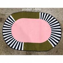 1pc Pink & Green Striped Oval Area Rug, Living Room Carpet, Washable Rug, Home Decor - Multicolor E - View 3