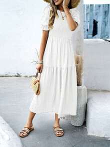 Vestido largo elegante de mujer con cuello redondo, mangas cortas abullonadas, plisado y casual de verano - Blanco - Ver 3