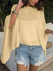Women's Casual Vacation Versatile Minimalist Loose Comfortable Solid Color Knit Sweater, Off-Shoulder, Spring/Summer - Apricot - View 5
