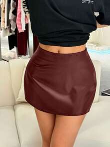 Women's Vintage Sexy American Style PU Leather Bodycon Mini Skirt, Solid Black, Suitable For All Seasons, Party & Holiday Wear Spring - Burgundy - View 5
