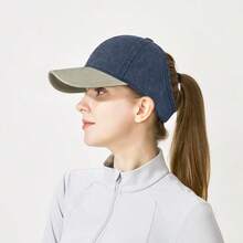 Nueva gorra de béisbol de colores lavados con diseño de bloque de color y abertura para coleta alta, visera de protección solar para exteriores de estilo europeo y americano, ideal para playa y vacaciones - A - Ver 3