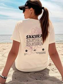 大尺碼夏季新品：日系浪漫櫻花與字母印花休閒短袖T恤-百搭女款通勤風格(杏色) - 杏色 - 查看 6