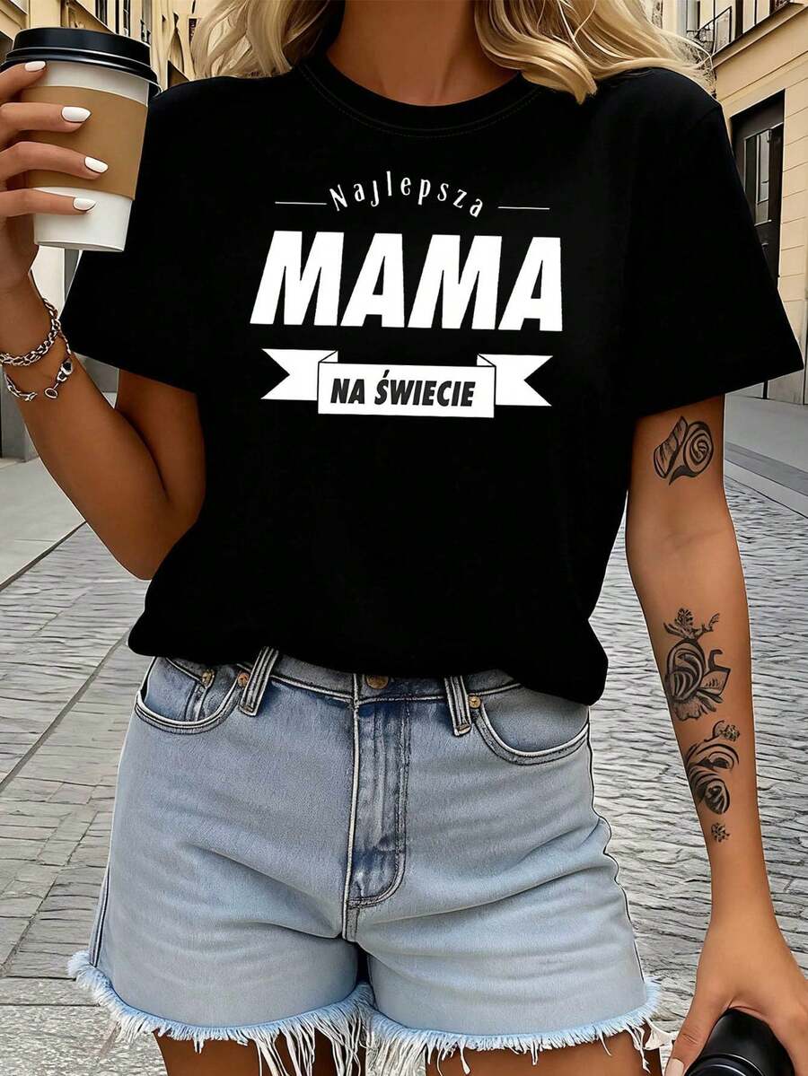 Polonia Mejor Mama Na Swiecie Carta Impresión Camiseta | Camiseta casual de cuello tripulación de manga corta de primavera-verano de las mujeres, ocio diario, regalo de vacaciones