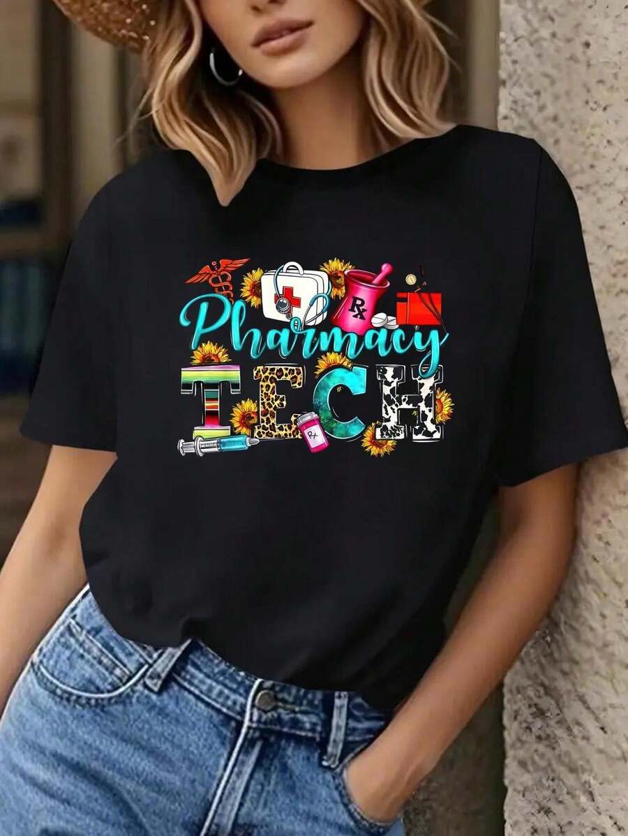 Women's Pharmacy Tech Uniform & Casual T-Shirt - Pharmacy Symbols & Beauty Icons, Short Sleeve Crew Neck Slim Fit Top, Pharmacy Assistant Workwear, Machine Washable Black Pharmacy Outfit