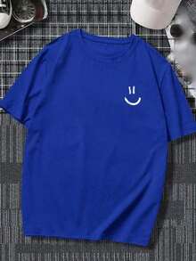Hombres Camiseta de hombros caídos con estampado de expresión - azul real - Ver 2