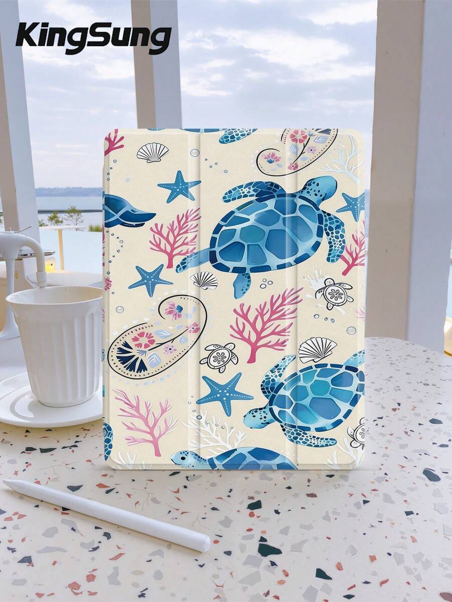 Ốp bảo vệ máy tính bảng họa tiết rùa biển Ocean Elements, tương thích với iPad 9.7/10.2/10.5/10.9/12.9/Pro 11, thế hệ thứ 10, Air 8 (M4) 2026 (11 inch), Air 8 (M4) 2026 (13 inch), tương thích với Samsung Galaxy Tab S6 Lite 10.4 inch, tương thích với Kindle Paperwhite thế hệ thứ 12 2024, Kindle thế hệ thứ 11 2022, Clara Colour, bảo vệ chống rơi mềm mại, chân đế thông minh/tự động bật/tắt màn hình.