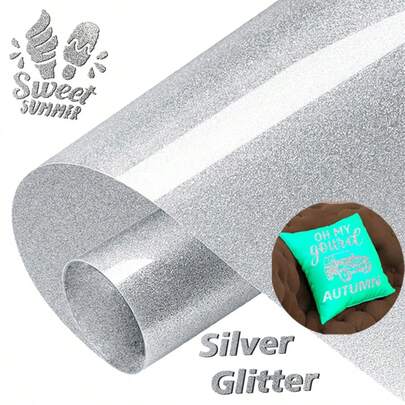 Cuộn decal chuyển nhiệt lấp lấp lánh màu bạc kích thước 9.8"X30", màng kim tuyến lấp lánh, dễ cắt và chuyển nhiệt, tương thích với máy móc, thích hợp để tự làm áo thun, mũ, giày, túi xách và nhiều sản phẩm khác.