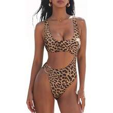 Women's Cutout One Piece Swimsuit, Scoop Neck High Cut Monokini With Side Cutout & Gold Ring Accent, Tummy Control Swimwear For Beach, Pool And Summer Vacation, 7 Colors Available - 豹紋2697-7 - 查看 1