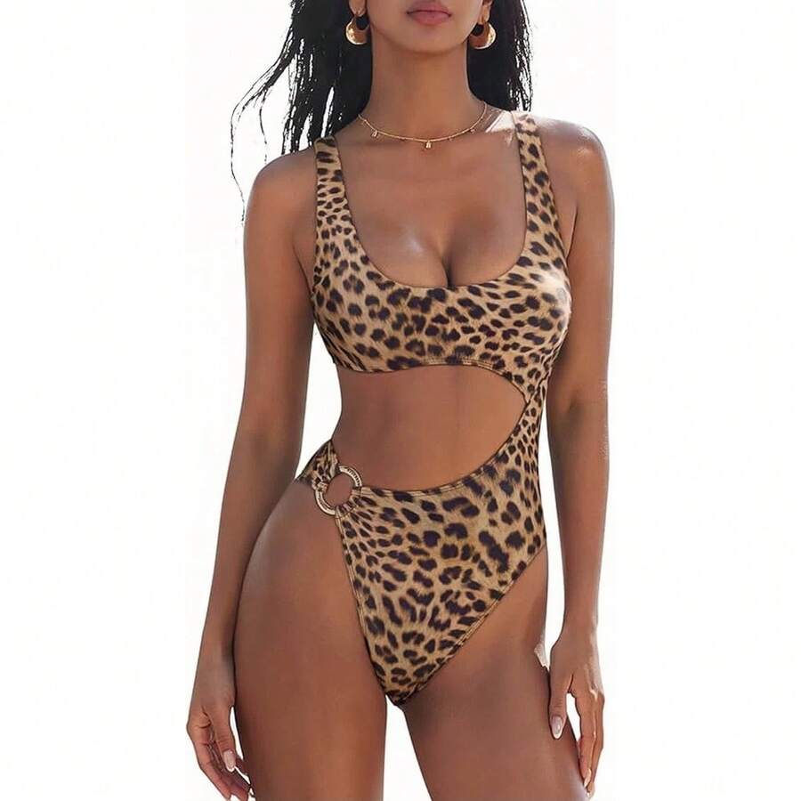 Women's Cutout One Piece Swimsuit, Scoop Neck High Cut Monokini With Side Cutout & Gold Ring Accent, Tummy Control Swimwear For Beach, Pool And Summer Vacation, 7 Colors Available - 豹紋2697-7 - 查看 1