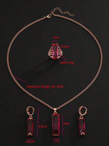 Bộ trang sức 4 món màu vàng hồng đính đá Cubic Zirconia đỏ, gồm dây chuyền mặt chữ nhật, bông tai mặt dây chuyền và nhẫn, phụ kiện thanh lịch dành cho cô dâu và dự tiệc. - Hoa hồng vàng - Xem 2