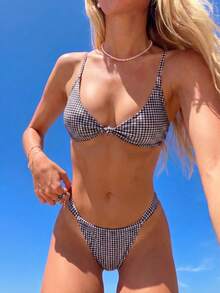 Women's Summer Vacation Swimwear Series, Red & White Plaid Bow Tie Strap Triangle Bikini Two Pieces Set, Sweet Girl Bikini Suit Beach Black - Black - View 2