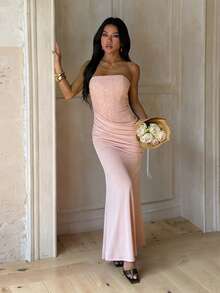 Elegant Strapless Textured Maxi Dress For Summer - Berwarna merah muda - View 4