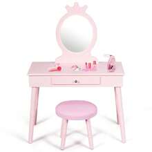 COSTWAY Princess Vanity Table & Chair Set For Kids, Makeup Dressing Table With Cushioned Stool And Real Mirror, Storage Drawer Included, Ideal Gift For Kids Ages 3-8 Years Ol, Pink - Pink - View 5