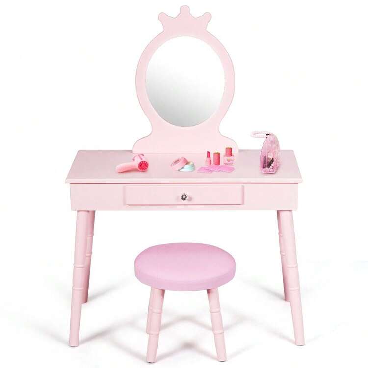COSTWAY Princess Vanity Table & Chair Set For Kids, Makeup Dressing Table With Cushioned Stool And Real Mirror, Storage Drawer Included, Ideal Gift For Kids Ages 3-8 Years Ol, Pink - Pink - View 5