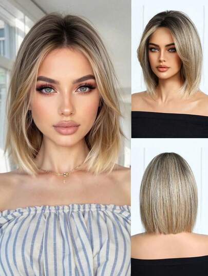 2026 New Summer Soft 10/12/14 Inch Light Golden High Gloss Women High Quality Natural Soft Heat Resistant Synthetic Wig, Pre-Trimmed, Elastic Cap, Ombre Short Wavy Straight Hair Wig, Free Parting, No Glue High Temperature Fiber 13*4HD Invisible Lace Front Wig, Suitable For Daily, Cosplay, Photography, Holiday Accessories