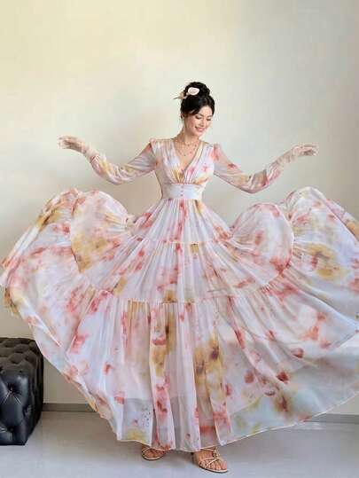 Women's New Elegant Romantic Floral Print Long Sleeve Patchwork Design Dress, Slimming, All-Season, Full-Body Watercolor Print, Conservative, Elegant, Formal, Suitable For Evening Party, Beach, Wedding Vacation