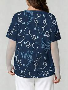Plus Size Curvy Women's All-Over Print Nurse Top, Casual Loose Short-Sleeve  Work Clothes Stethoscope Pattern With Nurse Life Text Stylish Patterned Nurse Top, Perfect For Hospital, Dental, Nursing And Healthcare Staff. - Sayle - View 3