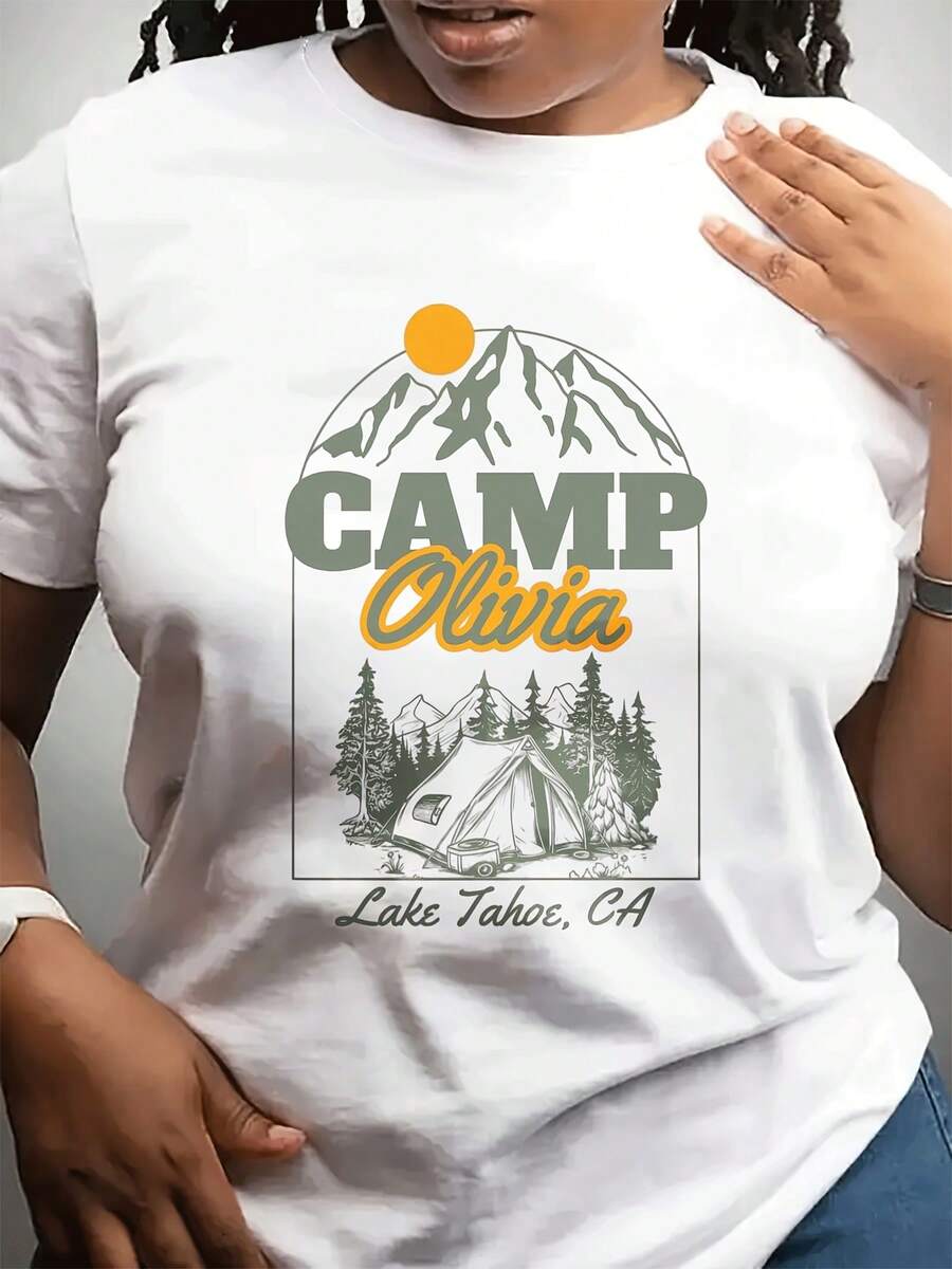 Ladies' Fashion Casual Crew Neck T-Shirt | Short Sleeve, Lightweight Stretch Fabric, Standout Printed Camp Pattern, Suitable For Daily Wear, Gift For Friends And Family - 白色 - 查看 1