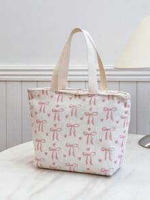 Fashionable Portable Tote Bag Thickened Cute Bow & Heart Print Handbag Travel Bag - Beige - View 3