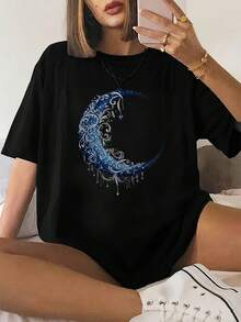 Camiseta blanca de mujer casual con diseño de luna media adornada con flores y estrellas - Negro - Ver 2