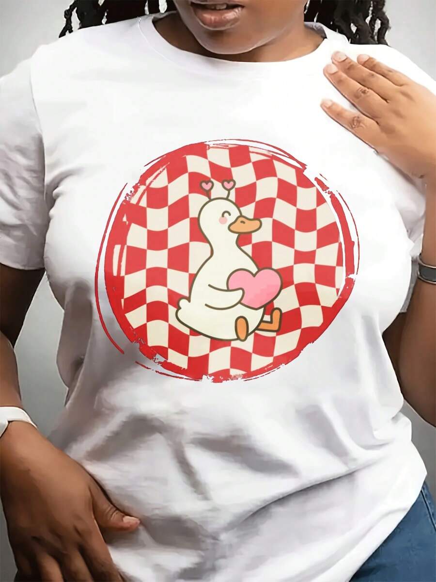 Camiseta casual de moda de cuello redondo del día de San Valentín de las mujeres | Sved corto, tejido estirable ligero, patrón geométrico, toda la temporada, impresión de corazón de pato destacado para uso diario y esporas, regalo para amigos y familia