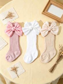3 Pairs Baby Girls' Sweet Cute Bow Decor Breathable Mesh Anti-Mosquito High Socks, Cotton Material, Suitable For Girls Daily Wear In Spring And Summer - Multicolor - View 9