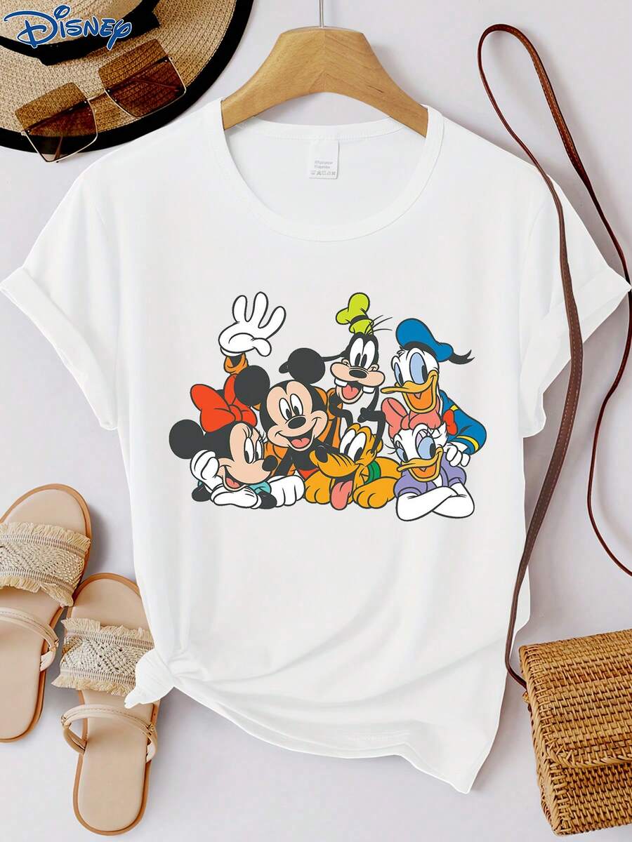 Disney 1件女士短袖T恤，迪士尼米奇和朋友们图案印花，圆领，弹力面料，易打理，适合日常穿着，时尚女士短袖T恤，休闲服饰 - 白色 - 查看 1
