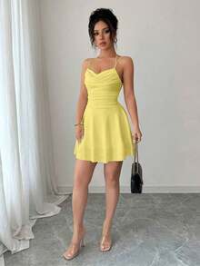 Vestido rosa color sexy con espalda descubierta y sin mangas, con pliegues, ideal para cumpleaños, conciertos, citas nocturnas, verano, fiestas de piscina y graduación - Amarillo - Ver 6