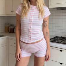 Striped Ribbed Knit Loungewear Set, Short Sleeve Button Top  Shorts Pajama Set - Rosa - Ver 2