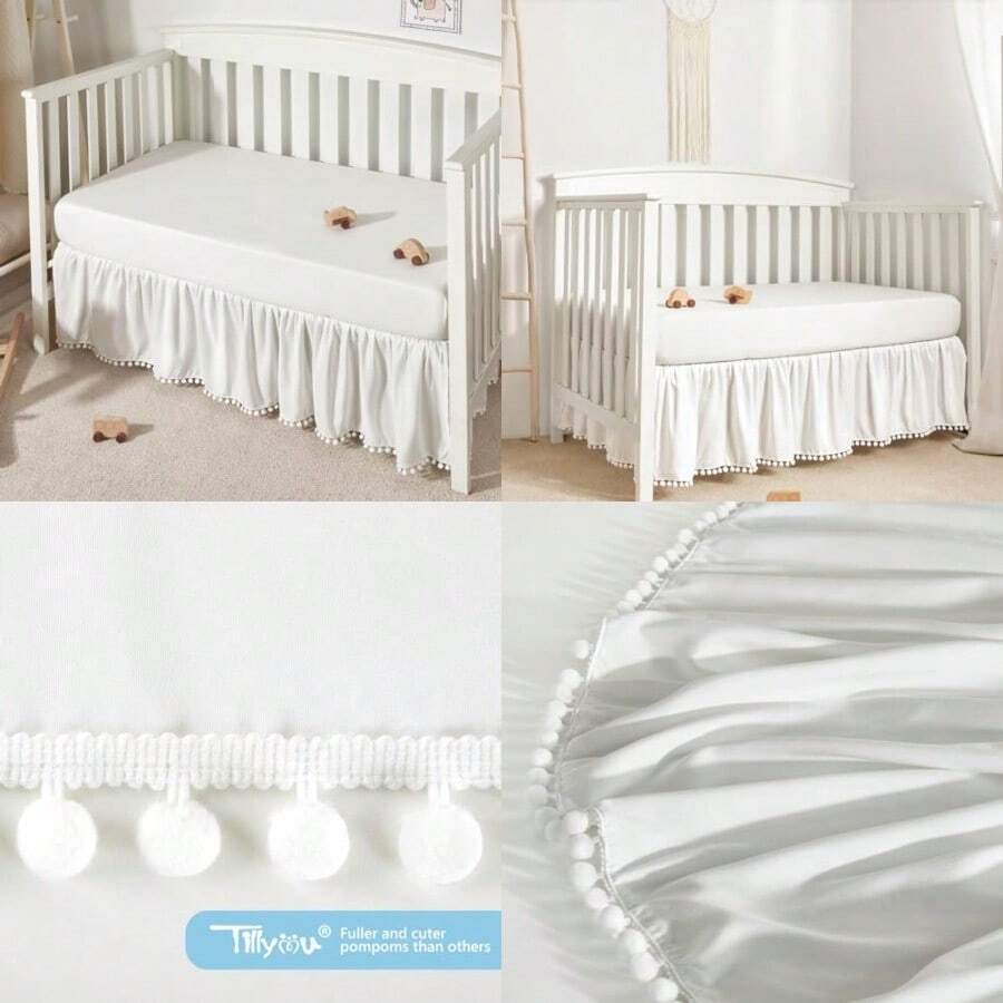 TILLYOU Ruffled Crib Skirt with Pompoms Nursery Crib Toddler Bedding Skirts for Baby Boys Girls 14'' Drop White - Blanco - Ver 1