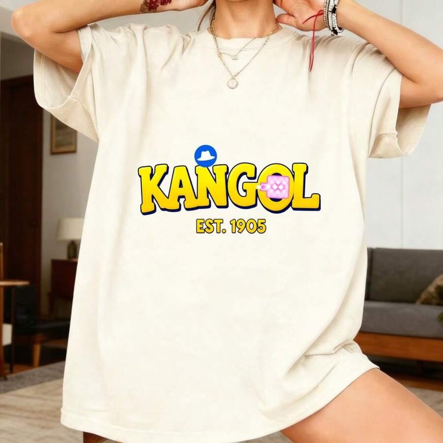 Casual Oversized Women's T-Shirt Kangol Logo Graphic Summer Everyday Wear Gift For Her - 卡其 - 查看 1