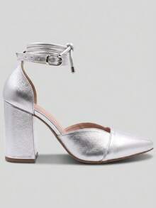 MODARPE Medium Block Heel Pointed Toe Pump S05 - Silver - View 3
