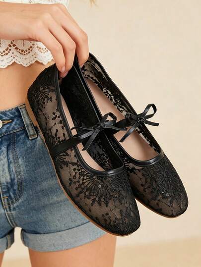 New Arrival Women's Fashion Elegant Lace & Mesh Patchwork One-Strap Bow Decor Square Toe Comfortable Flat Mary Jane Shoes