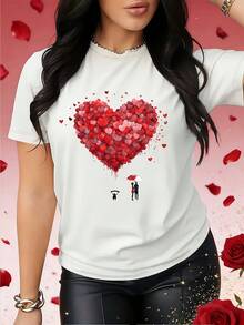 Camiseta de globo de amor del día de San Valentín de las mujeres - Top compatible con la blusa de cuello de la tripulación de la impresión del globo del corazón | Outfi ligero de primavera de verano transpirable | Regalo informal adecuado para el armario de primavera, hine lavable no globo - Blanco - Ver 2