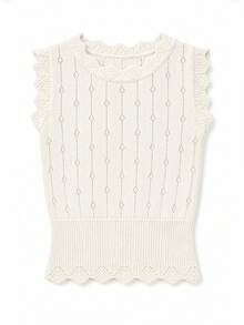 女士圆领波浪下摆几何镂空半透明休闲无袖针织背心，百搭，适合街头、度假、通勤，白色毛衣 - 白色 - 查看 5