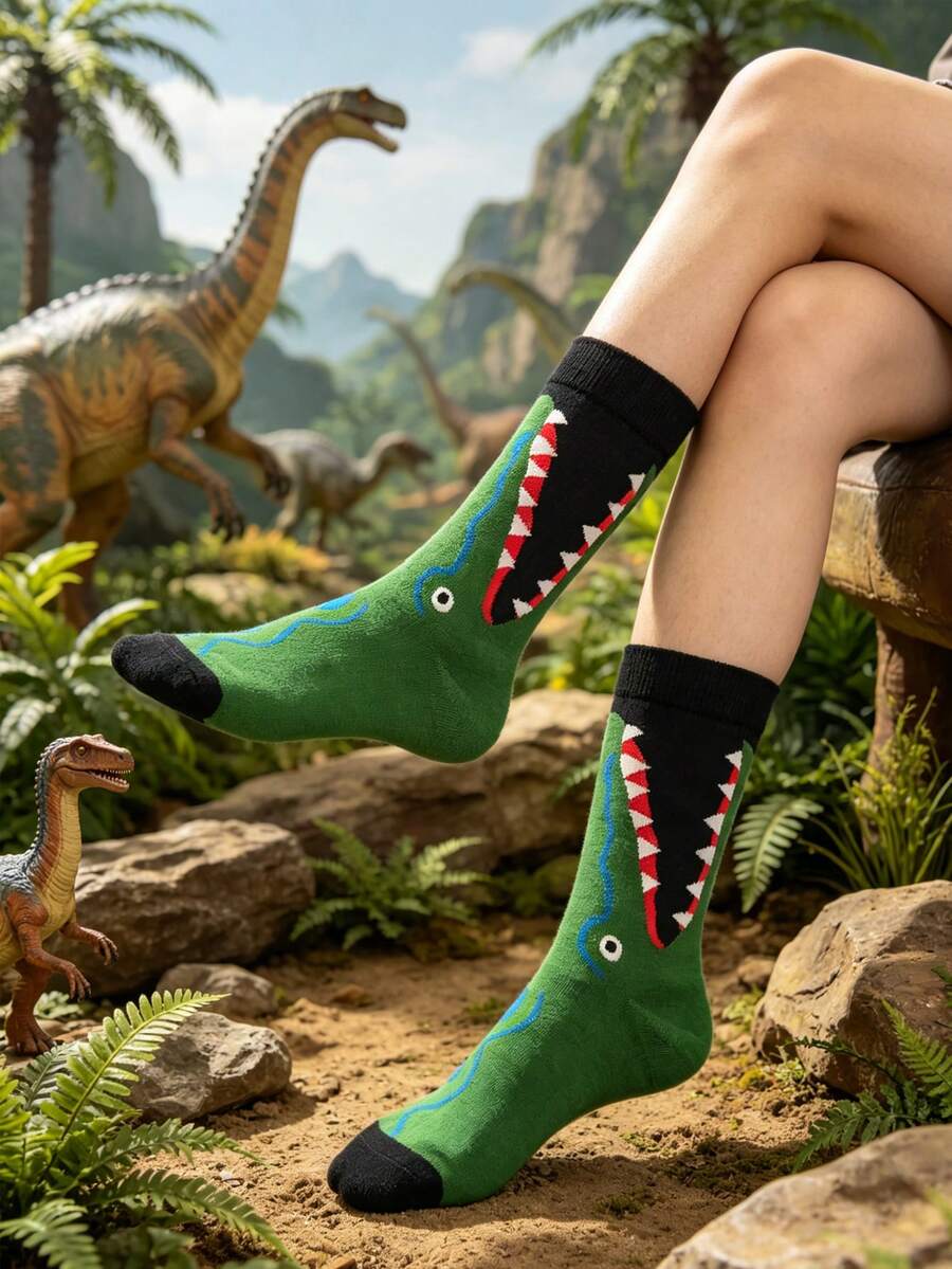 1 Pair Funny Crocodile Design Fashionable Versatile Socks - Multicolor - View 1