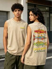 Men's Casual Summer Washed Cotton T-Shirt Old Row Outdoor Fish Print, Round Neck Short Sleeve Lightweight Knitted Fabric, Rib Details 100% Cotton - 米色背心 - 查看 3