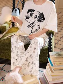 Disney 迪士尼女士睡衣两件套，迪士尼斑点狗印花短袖上衣和长裤套装，柔软家居睡衣，米白色 - 米色 - 查看 5