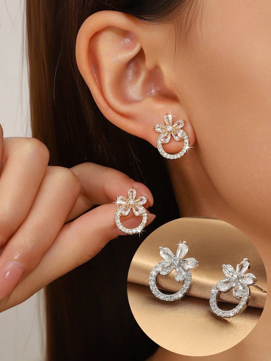 1 Pair Luxury Minimalist Elegant Floral Hollow Hoop Earrings With Zirconia Stone, Gold & Silver Dual-Tone Delicate Elegant Earrings For Work And Date - Multicolor - View 1