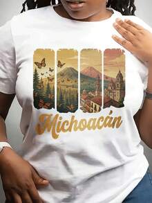 Camiseta casual de moda de cuello redondo del festival de primavera de las mujeres | Sved corto, tejido estirable ligero, impresión de paisaje de Michoacan destacado, adecuado para Dailpor y regalo a amigos y familia - Blanco - Ver 2