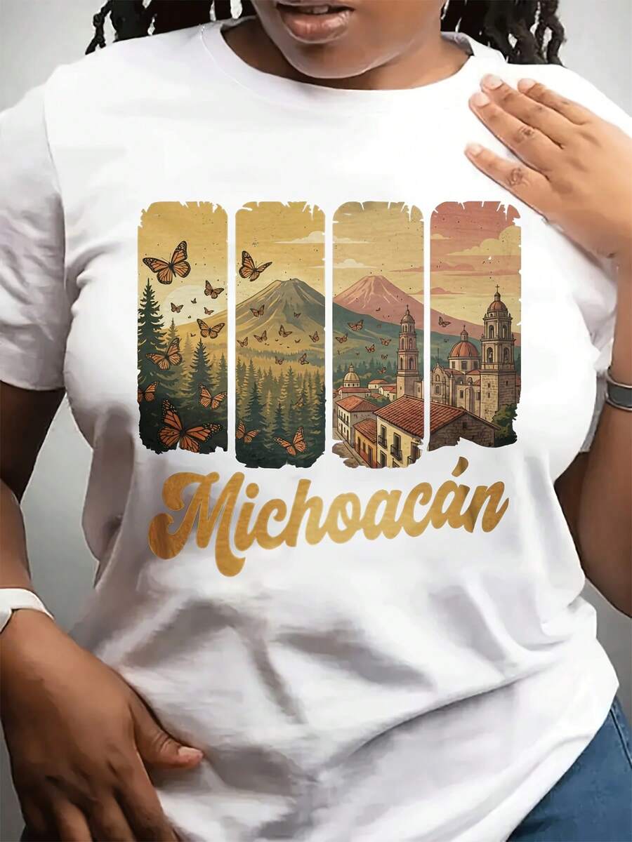 Camiseta casual de moda de cuello redondo del festival de primavera de las mujeres | Sved corto, tejido estirable ligero, impresión de paisaje de Michoacan destacado, adecuado para Dailpor y regalo a amigos y familia