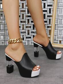 2026 New Elegant Black & White Striped Block Heel Sandals For Women, Waterproof Platform, Fishtail Open Toe Slip-On Heels - 黑色 - 查看 8