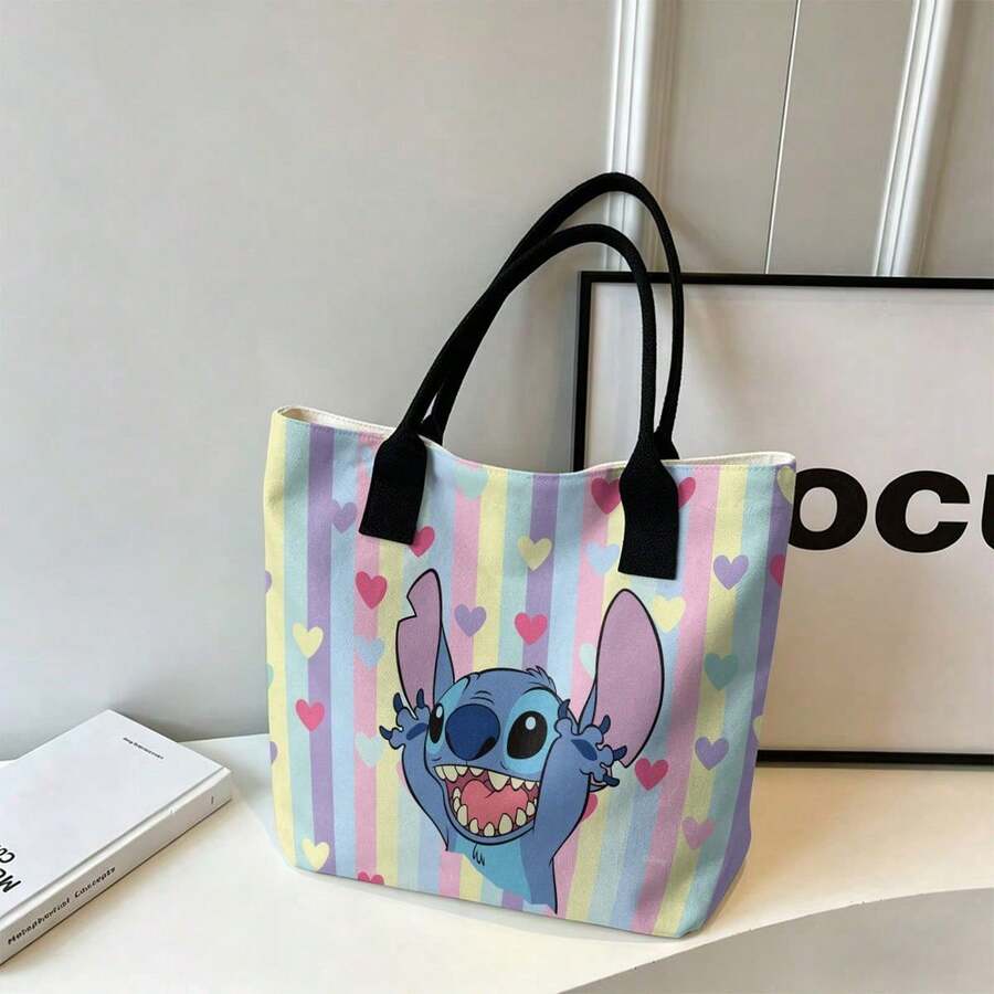 Disney Lilo & Stitch Canvas Tote Bag - Excited Stitch Print Shoulder Bag For Daily Use - Black - View 1