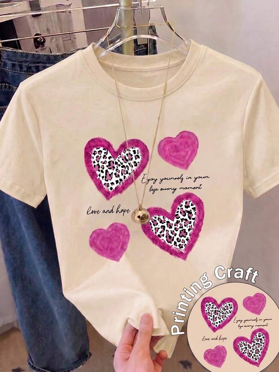 Amiam Bmian Casual Women's Regular Short Sleeve Round Neck Polyester T-Shirt With Leopard Heart Print - 香檳色 - 查看 1