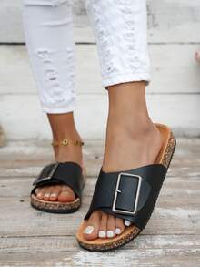 Women's Casual Fashion Flat Sandals For Summer, With Arch Support And Adjustable Buckle, Wear-Resistant Non-Slip, Round Toe Single-Strap Slides - Black - View 3