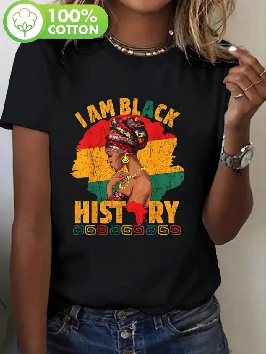 Women's African Heritage T-Shirt - Soft 100% Breathable Crew Neck Top With The Slogan "I Am Black History" And Pan-African Colors (Green, Red, Yellow, Black) - Stylish Casual Tee For Everyday And Cultural Events - All The Tempur - 黑色 - 查看 1