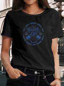 Camiseta de manga corta con impresión de letra inglesa elegante encilla - Camiseta con impresión de vida de llaya, estilo verano de coco árbol, elegante top de manga corta con cuello redondo. Top de estilo retro casual de mujer parrimavera y verano. Múltiples colores disponibles, tamaños S-XXL. - Negro - Ver 2