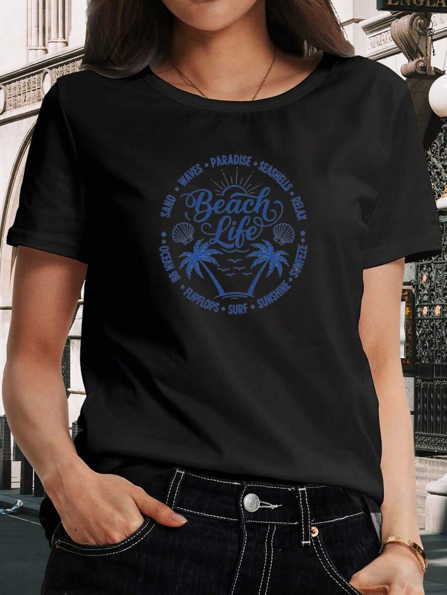 Camiseta de manga corta con impresión de letra inglesa elegante encilla - Camiseta con impresión de vida de llaya, estilo verano de coco árbol, elegante top de manga corta con cuello redondo. Top de estilo retro casual de mujer parrimavera y verano. Múltiples colores disponibles, tamaños S-XXL.
