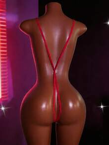 Red Sexy Heart Sequin Metal Chain Bodystocking - Red - View 4